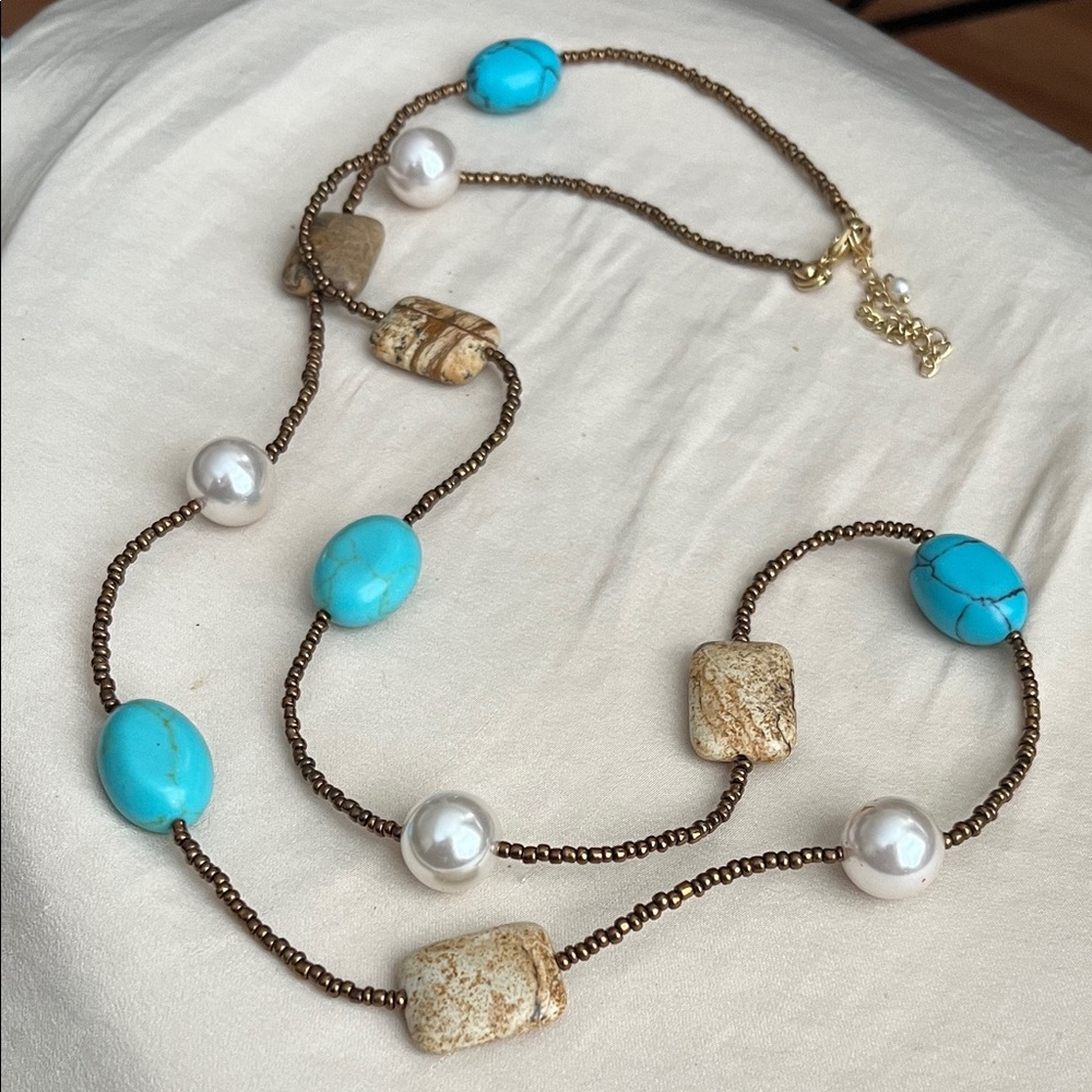 Turquoise and Pearl Beaded Necklace